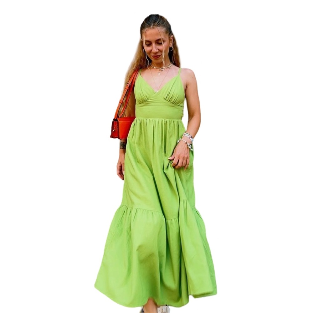 Japna Lime Green V-Neck Spaghetti Strap Midi Dress – Size Large 💚